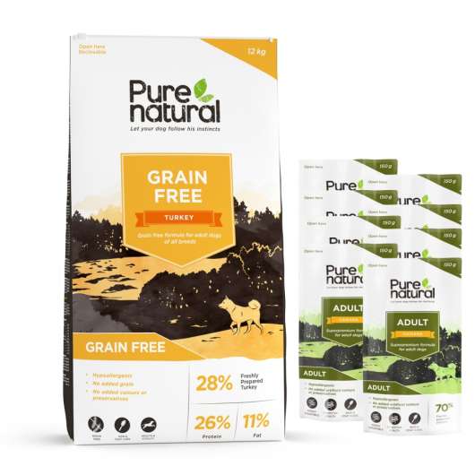 Purenatural Dog Adult Grain Free Turkey 12 kg + Multipack våtfoder