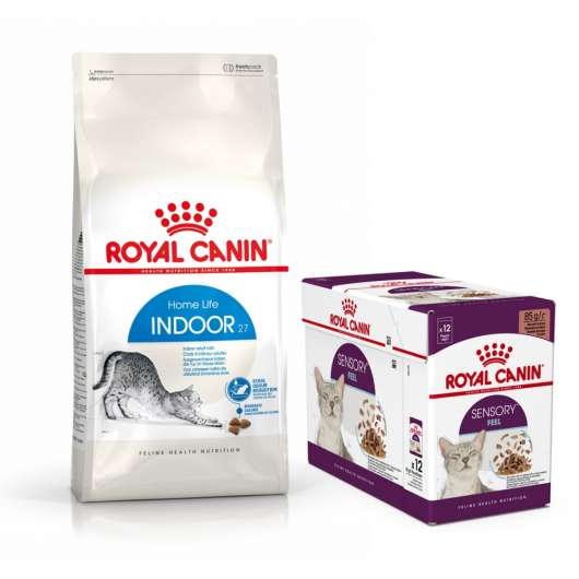 Royal Canin Indoor Torrfoder 10 kg + Royal Canin Sensory Feel Gravy Multipack Våtfoder